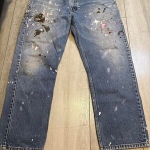 Vintage men's Levi's 505 blue jeans with paint splatter design, Size: W38 L30